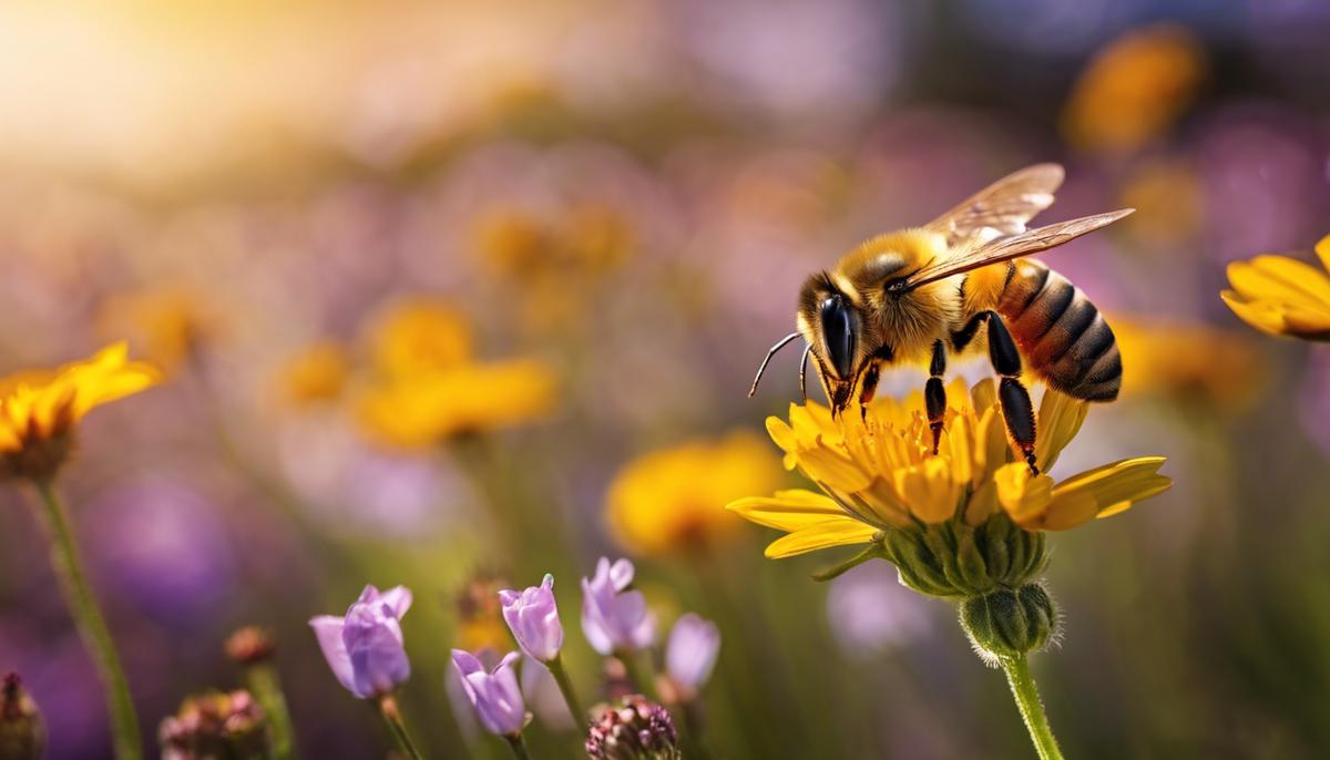 Image of a yellow-bee flying in a field of flowers