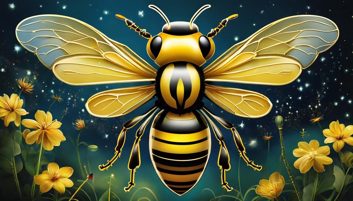 Depiction of a yellow bee in a dream symbolizing a range of meanings, including creativity, productivity, threat, wisdom, deceit, personal experiences, cultural background, and evolutionary history.